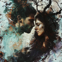 Artistic representation of a couple's faces melding with nature, symbolizing deep connection and growth, inspired by a poetic description of love and kinship.