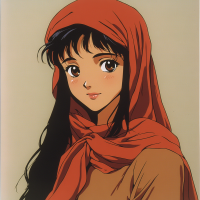 An animated woman with long black hair, brown eyes, and full lips, wearing a red headscarf and a flowing silky brown dress, looking serene.