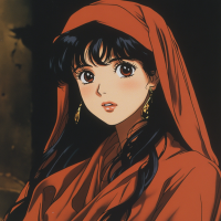 A slim, dark-haired woman with large brown eyes, a full mouth, small nose, wearing a red head scarf, gold earrings, and a flowing silky brown dress, evoking a vague Arabic appearance.