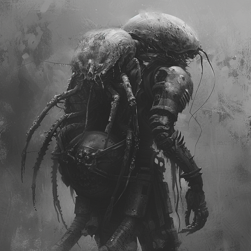 Monochrome image of a man with a creature resembling a cross between a lobster and bee attached to his back, its limbs embedded into him, amid a misty backdrop.