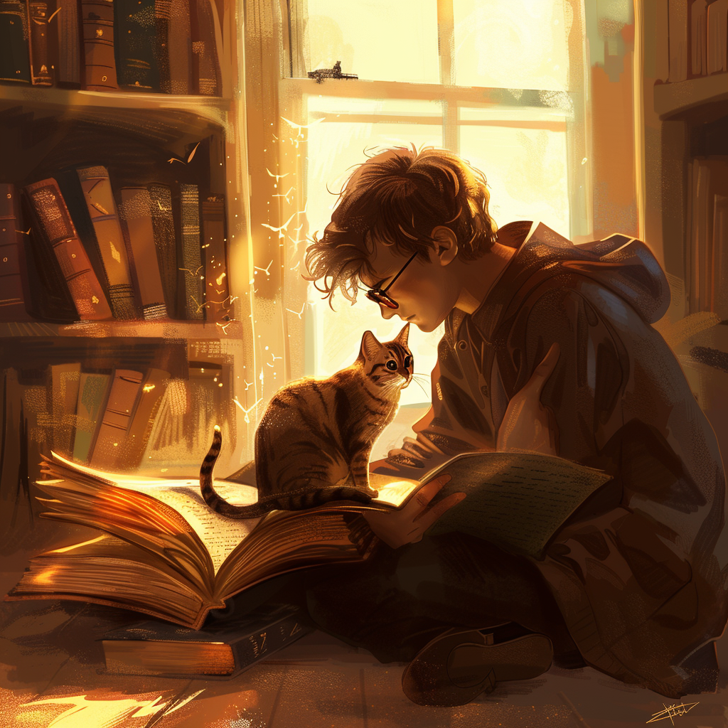 A young boy with glasses, resembling a book quote about Mr. Potter saving the day, sits in a cozy library reading a book, with a cat perched on top as sunlight streams through the window.