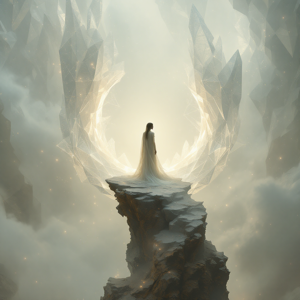 A figure in a flowing gown stands on a rocky outcrop, surrounded by ethereal light and jagged crystals, symbolizing hope and resilience amid a misty landscape.