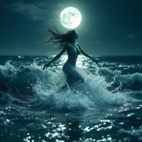 A figure dances in the ocean waves under a bright full moon, evoking the beauty and tumult of the sea, embodying the quote about rhythm and nature's duality.