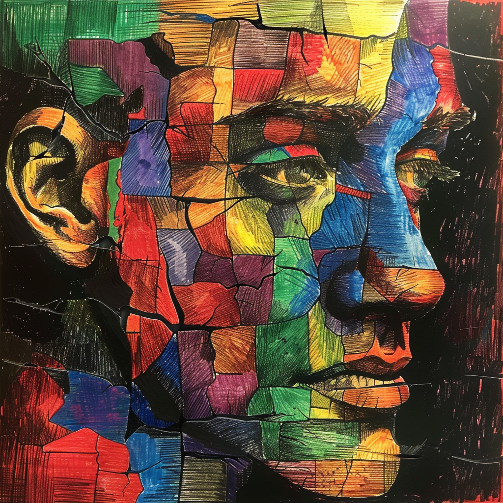 A vibrant, fragmented face composed of multicolored geometric shapes against a dark background, symbolizing the quote, Power is in tearing human minds to pieces and putting them together again.