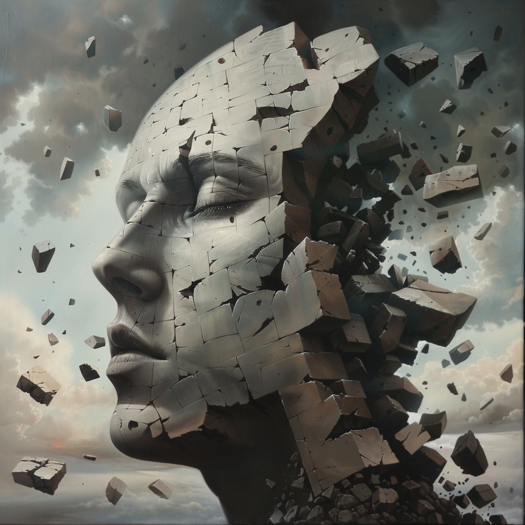 A fragmented human face with pieces breaking away, set against a cloudy sky, visualizing the quote about power reshaping human minds.