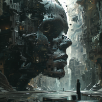 A massive fragmented face made of machinery looms over a person standing in a dystopian, mechanical city. The image reflects the concept of power reshaping human minds, inspired by the provided book quote.