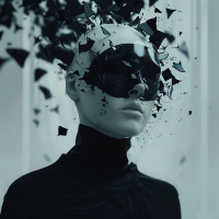 A stylized image of a humanoid figure wearing a black mask, with the upper part of the head shattering into geometric pieces, evoking themes of mental fragmentation and reconstruction.