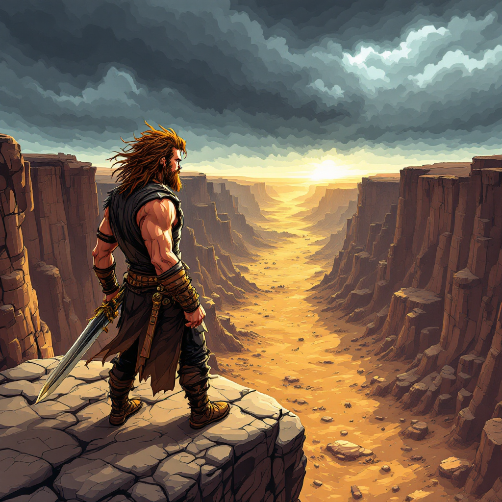 A powerful warrior stands on a rocky cliff, sword in hand, gazing into a stark canyon bathed in golden light, embodying the quote, You win or you die. There is no middle ground.