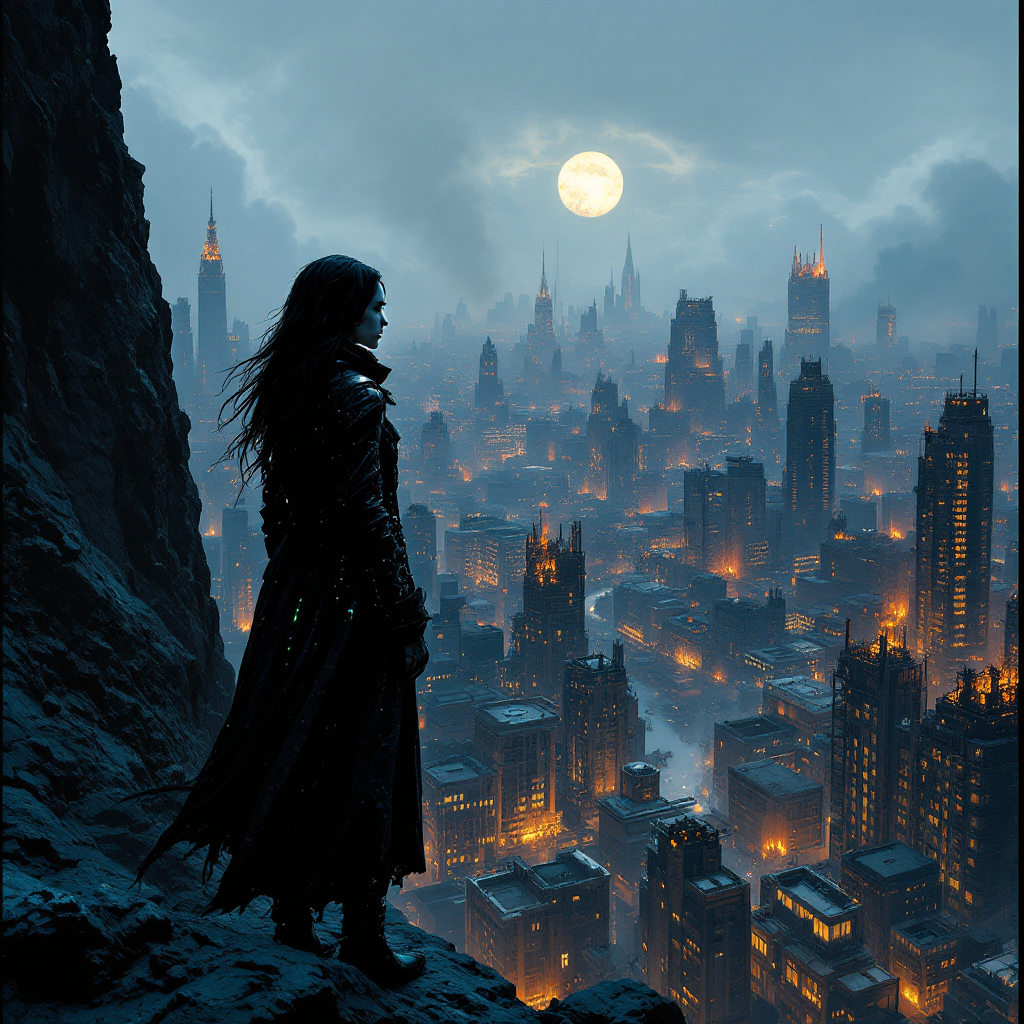 A silhouetted figure in a long coat stands on a rocky ledge, gazing over a sprawling, illuminated cityscape under a dramatic, moonlit sky, embodying the quote about the dangers of playing it safe.