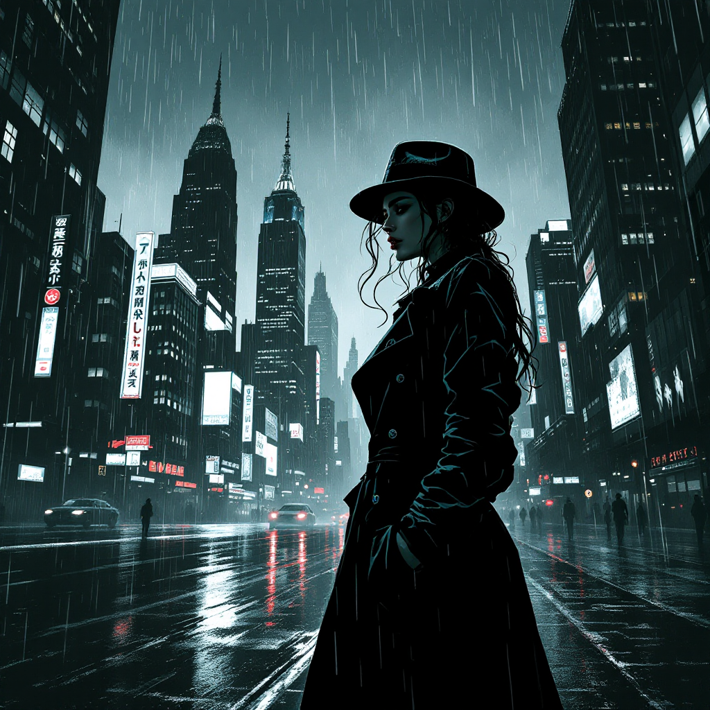 A woman in a black trench coat and hat stands in the rain on a deserted urban street, embodying determination against a backdrop of towering skyscrapers and glowing signs.