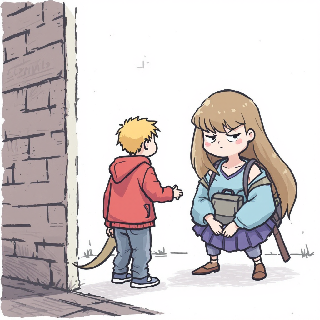 A girl with long hair and a backpack stands defiantly, facing a boy in a red hoodie. The scene reflects a moment of tension, echoing themes of belonging and identity from the quoted passage.