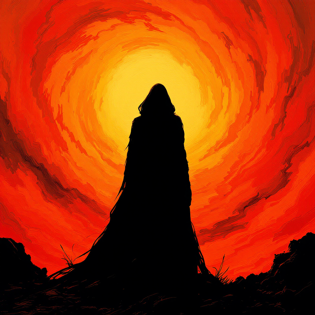 A silhouette of a figure in a flowing cloak stands against a vibrant sunset, surrounded by swirling reds and oranges, capturing the feeling of solitude despite proximity to others.