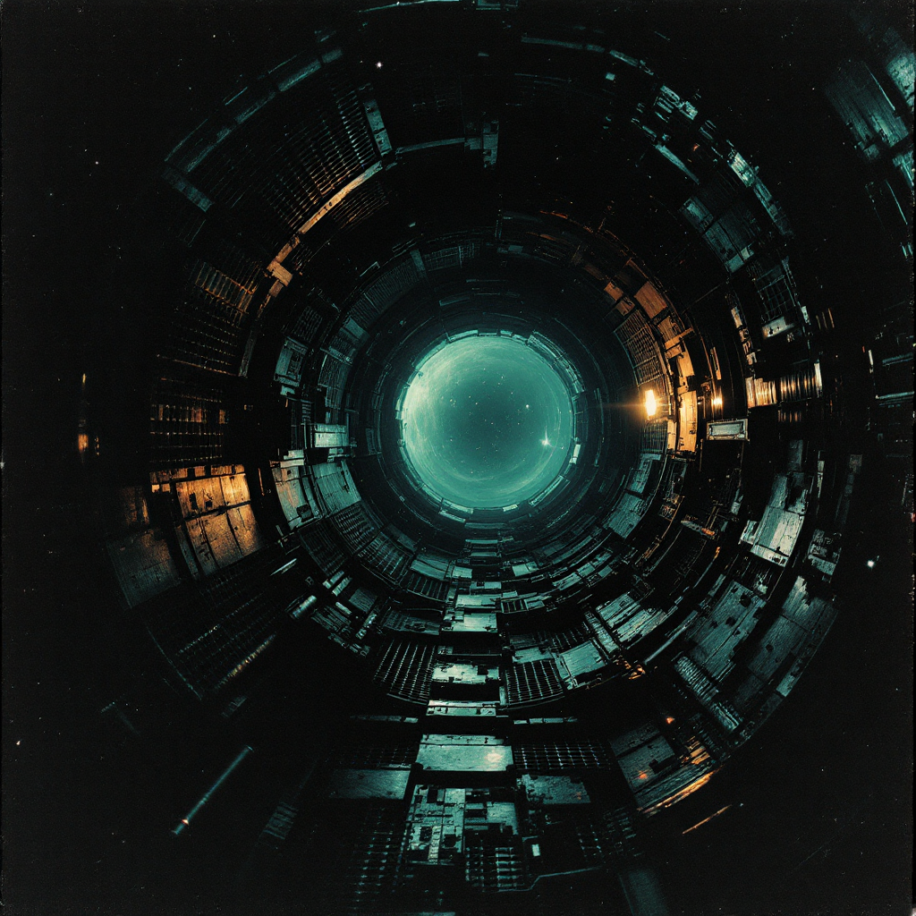 A deep, circular tunnel in a futuristic space environment, illuminated by a glowing central light, symbolizing the theme of trust as a priceless currency in the vastness of space.