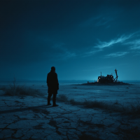 A silhouetted figure stands on cracked earth under a deep blue sky, gazing toward a distant, dilapidated structure, reflecting the search for unexpected discoveries.