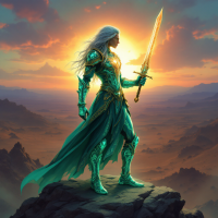 A regal figure with flowing silver hair stands on a rocky peak, wielding a glowing sword against a dramatic sunset. The image embodies the quote, Knowledge is a weapon. I intend to use it.