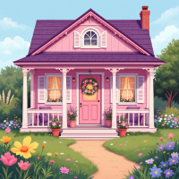A charming pink house with white trim and a front porch adorned with a wreath sits amidst a vibrant garden of colorful flowers, evoking the warmth of home and belonging.