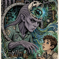Panca, a grayish-purple-skinned mechanic with chevron ridges instead of hair and a glowing jeweled black core embedded in her forehead, emerges from a complex engine room.