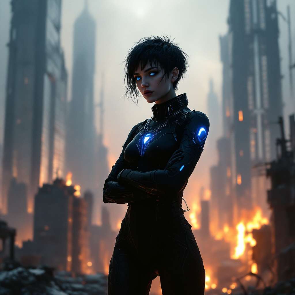 A confident figure stands amidst a chaotic, fiery urban landscape, embodying the potential for opportunity even in destruction, illuminated by soft blue light against the dark backdrop.