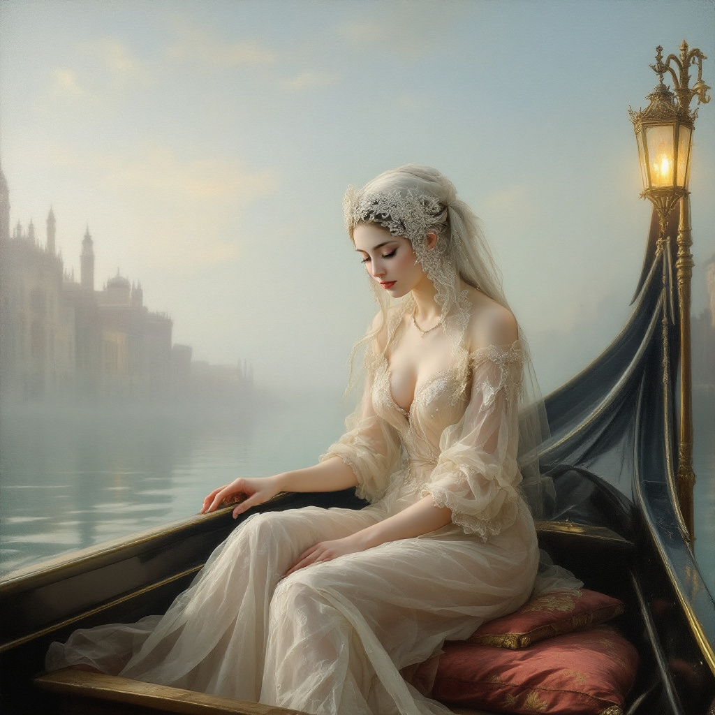 A serene woman in a flowing gown sits in a gondola on still waters, surrounded by a misty cityscape, embodying the essence of surrendering to life's uncertainties.