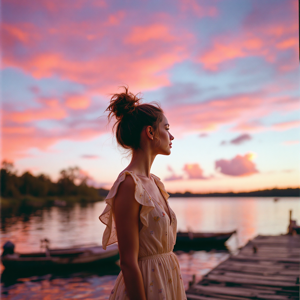 A woman gazes pensively at a vibrant sunset over a tranquil lake, embodying the idea that moments lead to the next, reflecting on life's unfolding journey.