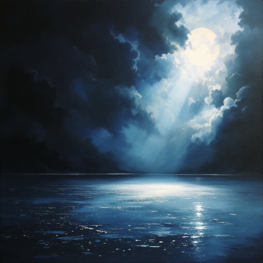 A serene night scene with a bright moon illuminating dark clouds, casting light over a tranquil sea, embodying the quote: Hope is the light that guides us through the darkest of times.