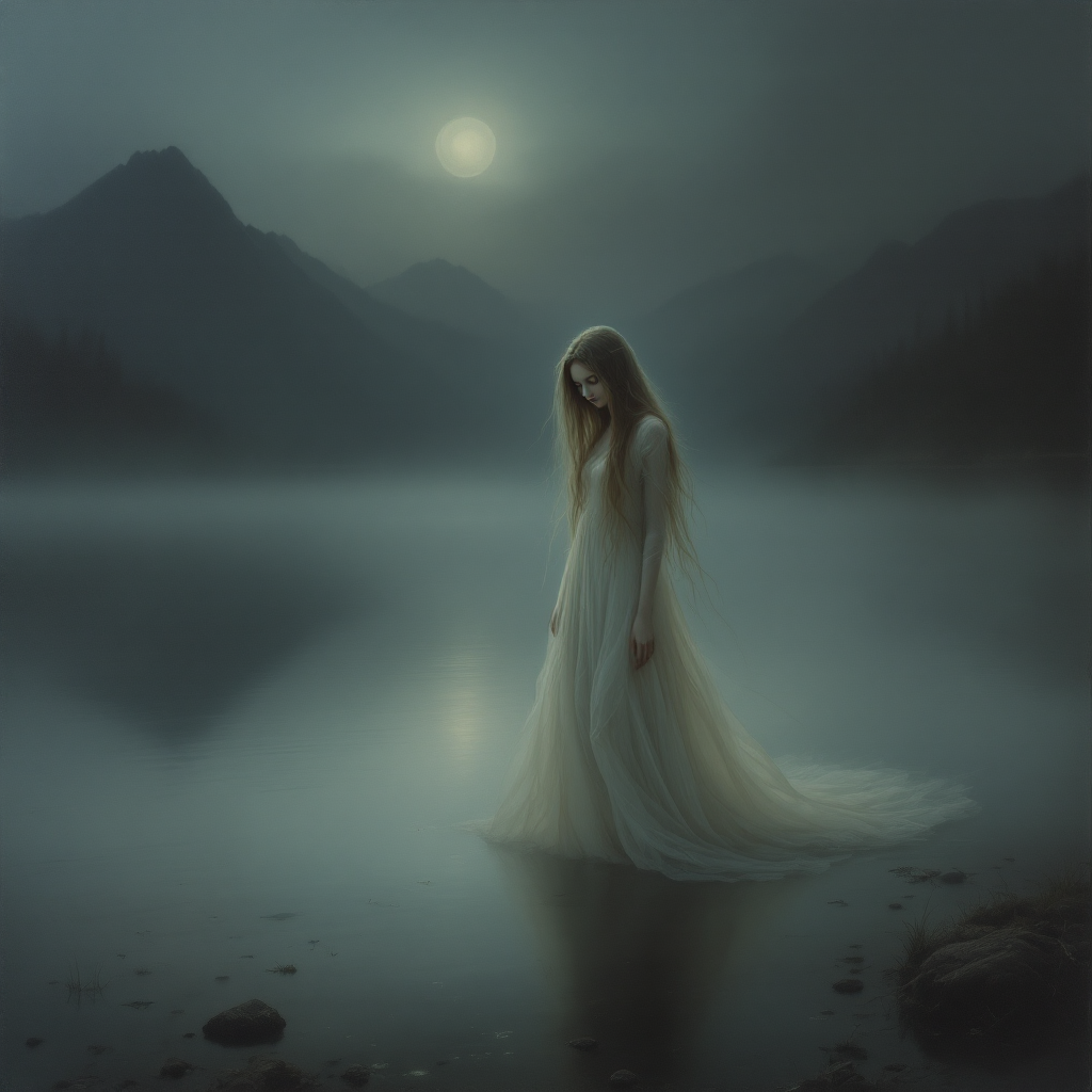 A haunting figure in a flowing white dress stands in shallow water, surrounded by misty mountains under a full moon, reflecting the quote, To be forgotten is to die.