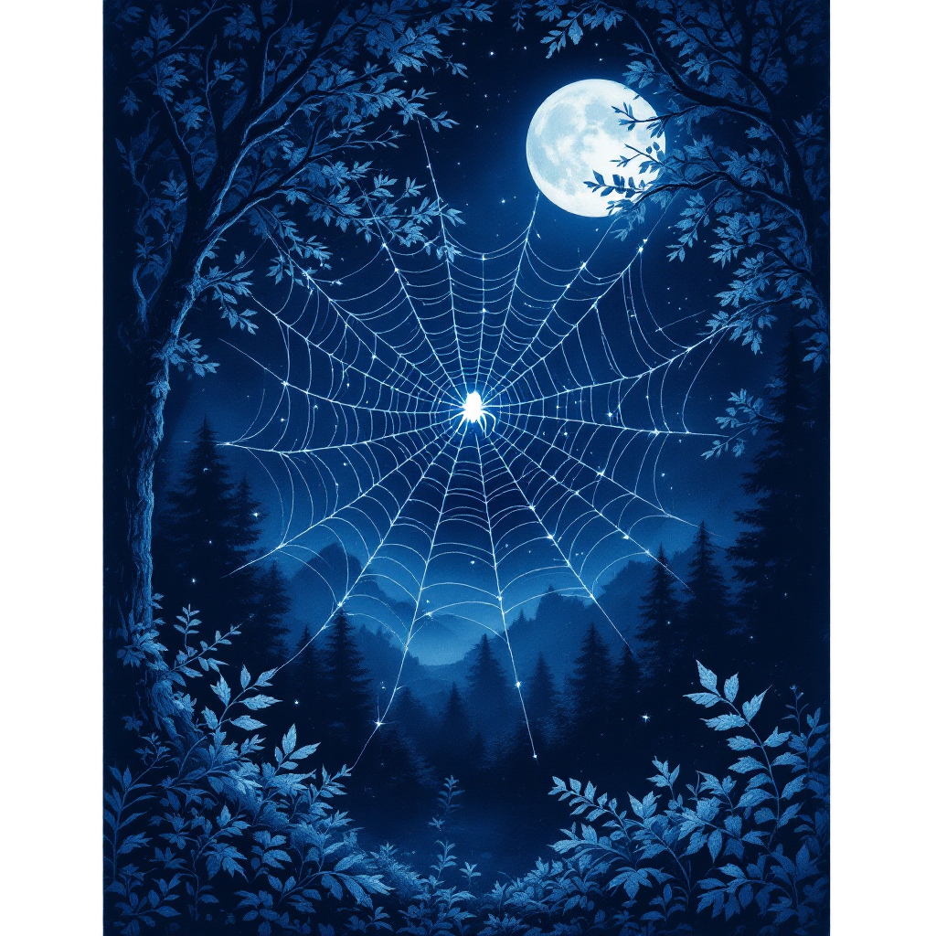 A serene night scene features a detailed spider web illuminated by moonlight, surrounded by dark trees and mountains, evoking the quote about secrets entangling us like webs.