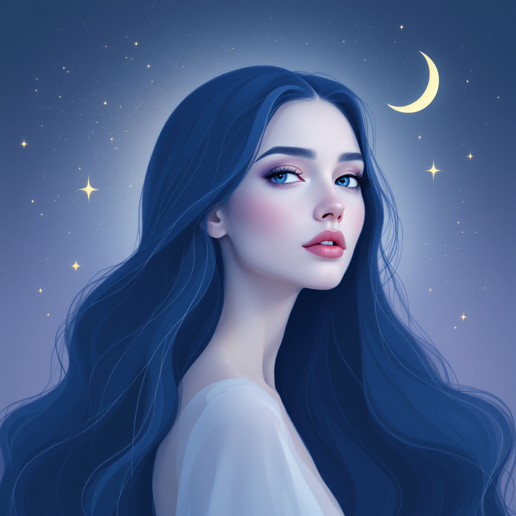 A serene woman with flowing blue hair gazes softly against a twilight sky adorned with stars and a crescent moon, embodying the beauty that distracts from life's fears.