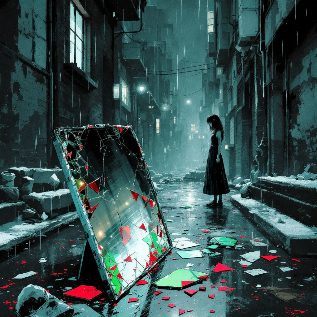 A girl stands in a desolate alley, gazing into a shattered mirror surrounded by colorful fragments, evoking the struggle of forgiving deeper mistakes.