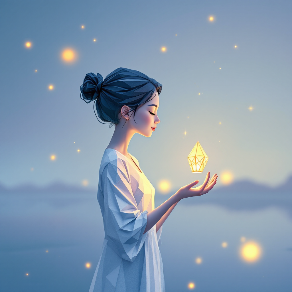 A serene young woman stands by a calm water body, gently holding a glowing crystal. Soft, magical lights surround her, embodying the quote, Hope is the spark that ignites the flames of change.