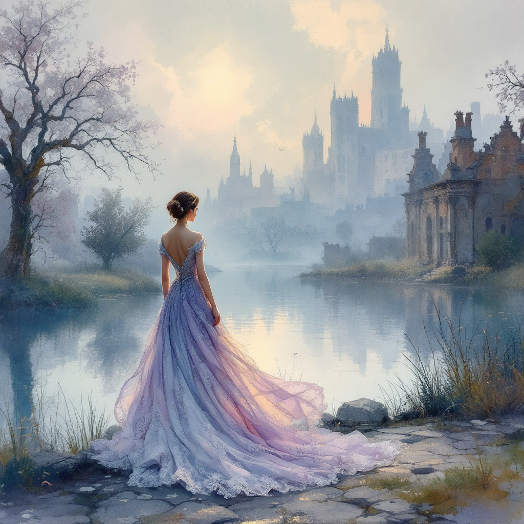 A solitary figure in a flowing lavender gown stands by a tranquil lake, gazing at a distant castle shrouded in mist, embodying the idea that the past never stays where it belongs.