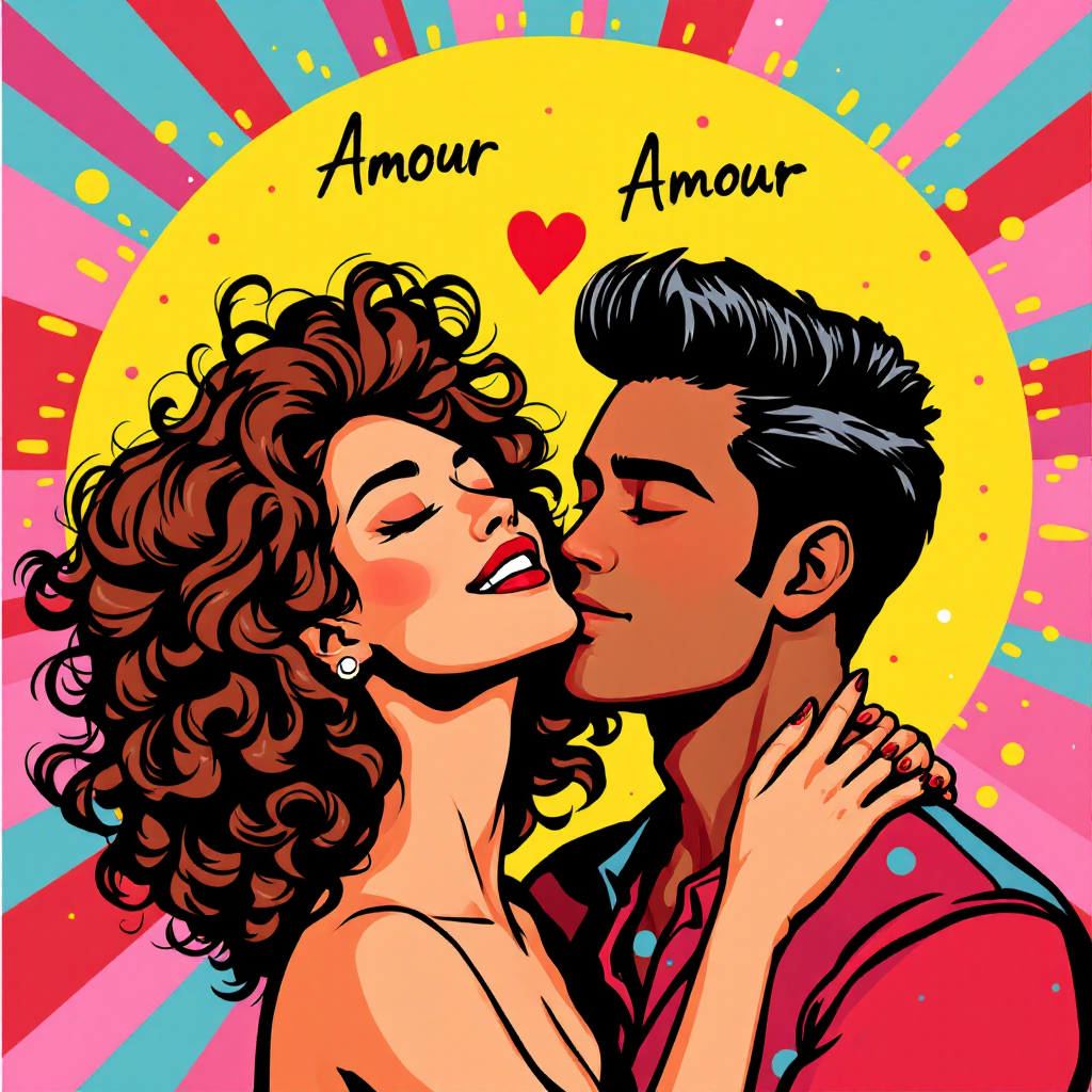 A vibrant, pop-art style image showcases a couple sharing a tender kiss, surrounded by colorful rays and the word Amour, embodying the essence of love and connection.