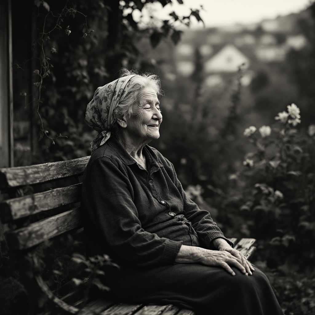 An elderly woman sits peacefully on a bench, surrounded by a serene garden, reflecting the wisdom of having positively impacted others' lives.