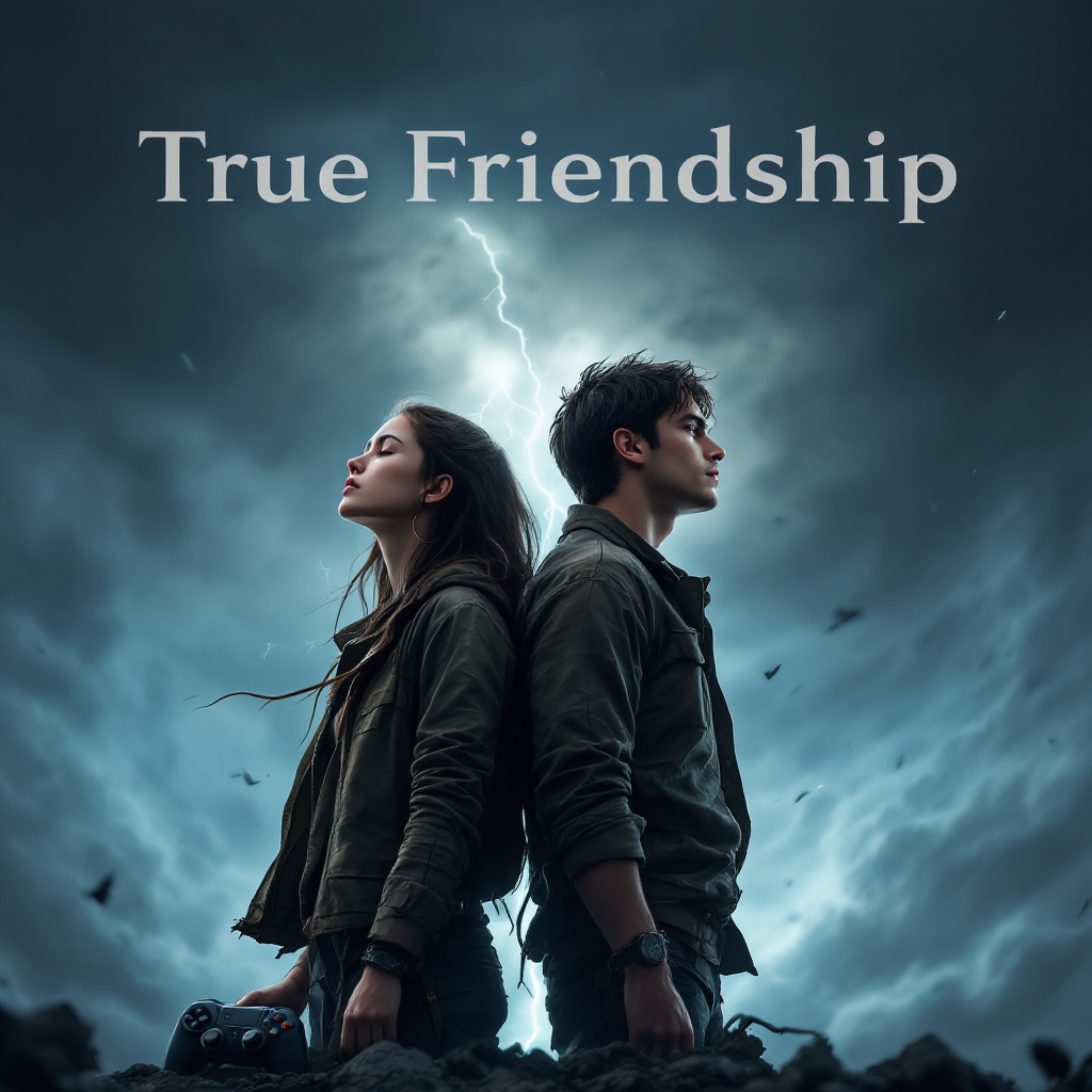 A dramatic scene with two friends standing back-to-back amidst a stormy sky, embodying resilience, with the phrase True Friendship displayed above them, reflecting the strength of friendship.