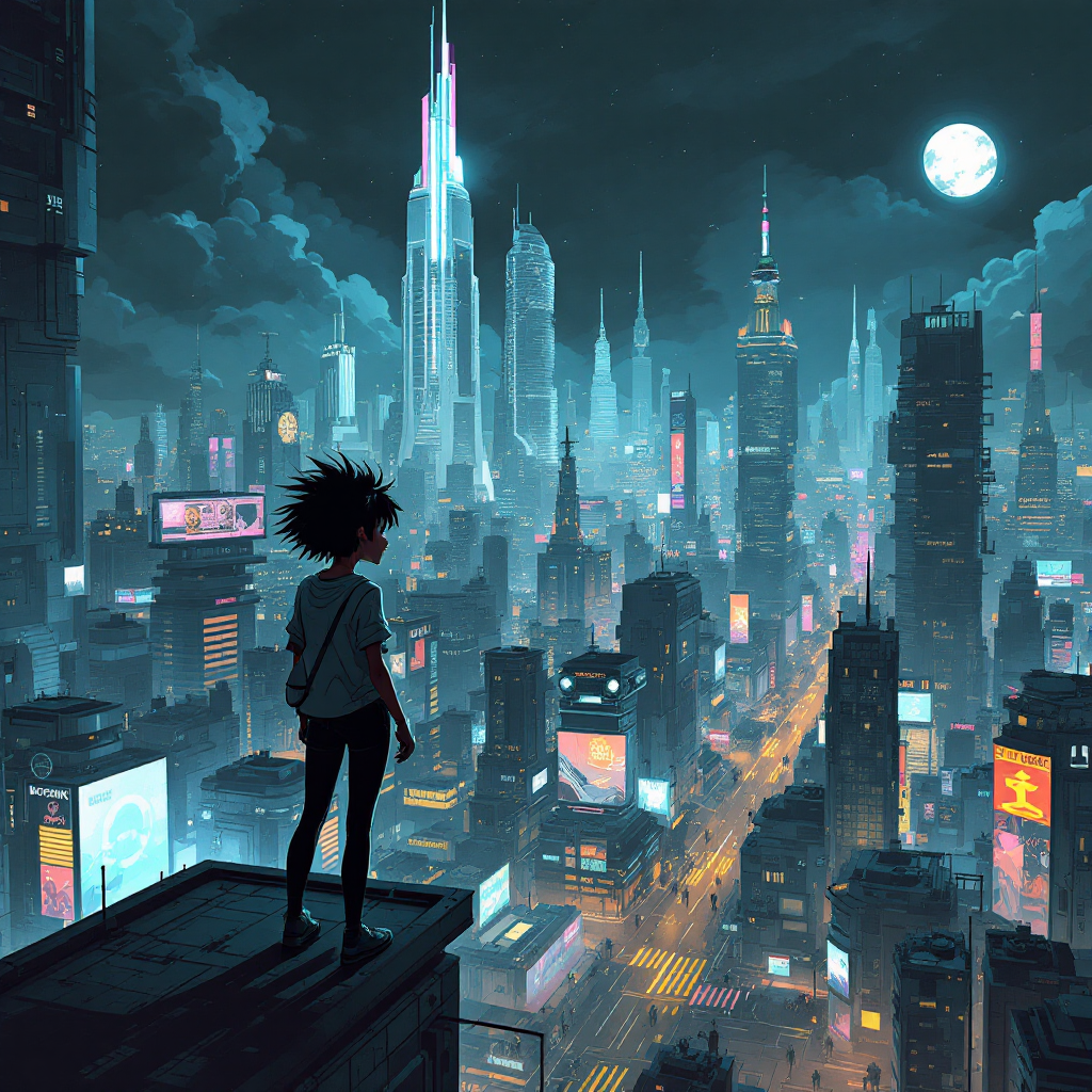 A figure stands on a rooftop, gazing over a futuristic cityscape illuminated by neon lights under a full moon, embodying uncertainty and foreboding about the future.