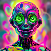 A vibrant, psychedelic robot face with large, glowing green eyes and a smooth, stylized metallic surface, reflecting the idea that appearance is not everything.