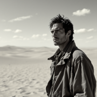 A contemplative man stands in a vast, sandy landscape, gazing into the distance under a sky dotted with clouds, embodying a sense of searching and reflection.