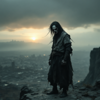 A figure dressed in tattered clothes stands on a rocky cliff, gazing into the distance over a city as a stormy sky looms, embodying the weight of past actions and their consequences.