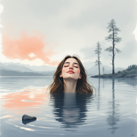 A serene scene shows a woman partially submerged in calm water, her eyes closed gently, with soft clouds and distant trees reflecting a tranquil beauty, embodying the idea of life's unfinished chapters.