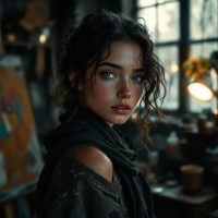 A young woman with tousled hair and striking blue eyes stands in a sunlit artist's studio, embodying the raw emotion and authenticity of artistic expression.