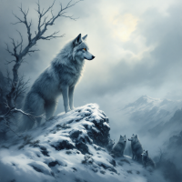 A lone white wolf stands on a rocky outcrop amidst a snowy landscape, with a pack of wolves visible in the background, embodying the quote about survival and strength in unity.