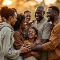 A joyful gathering of diverse people, smiling and embracing one another, embodies the spirit of community and support, reflecting the quote about lifting each other up.