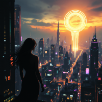 A silhouetted figure gazes over a futuristic city skyline at sunset, illuminated by neon lights and a large circular design, embodying the curiosity captured in the quote about knowledge.