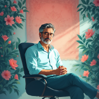 A thoughtful man sits in an armchair surrounded by vibrant flowers, embodying the importance of listening in debate as he reflects on communication and connection.