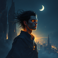 A dark figure with glowing eyes stands against a twilight backdrop, embodying the contrast of sun and moon, with a crescent moon illuminating the scene and cityscape below.