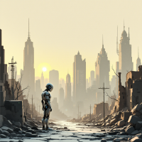 A solitary robot stands amid the ruins of a futuristic city, bathed in the soft glow of sunrise, evoking themes of isolation and longing for human connection and warmth.