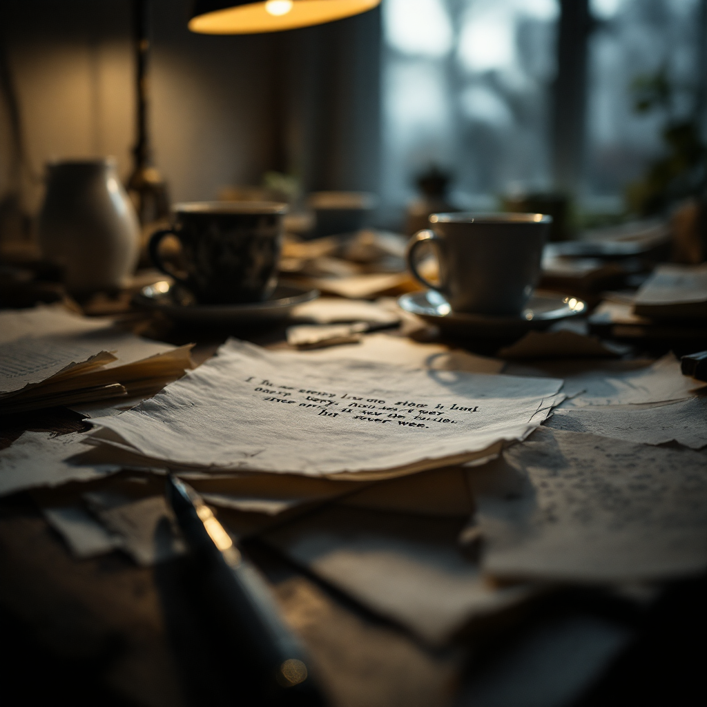 A cluttered desk with scattered handwritten pages, coffee cups, and a warm lamp, reflecting the struggles of a writer creating works that never saw publication.