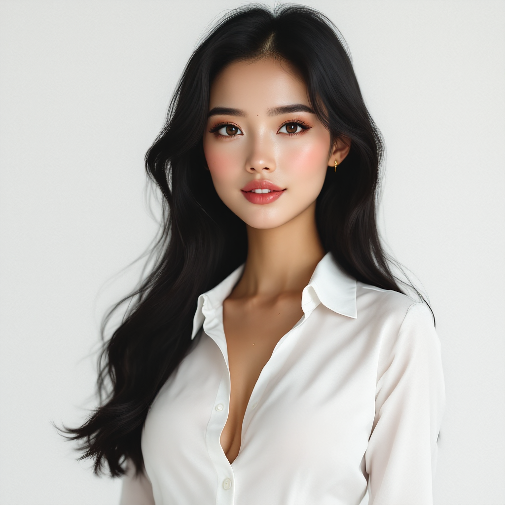 A woman with thick raven hair in a white blouse, exuding natural beauty, reflects a blend of Filipino and European genes, radiating confidence and vitality in a modern setting.