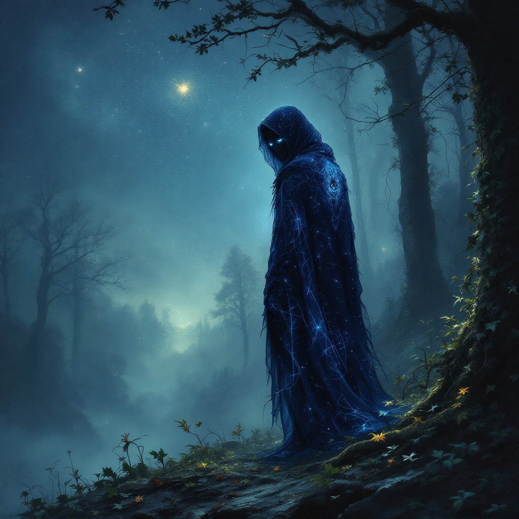 A figure cloaked in blue starlit fabric stands in a dark, misty forest, gazing at a starry sky, embodying the idea that fate is personal yet not entirely predetermined.