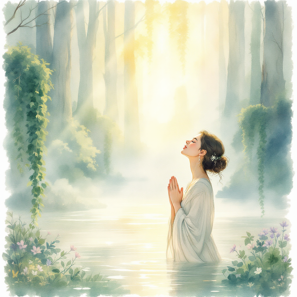 A serene woman stands in water, gazing upwards with hands clasped in prayer. Sunlight filters through lush trees, capturing the essence of desire as a journey toward or away from God.